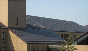 屋根に太陽光発電パネルを設置。学内の使用電力の一部を補っています。